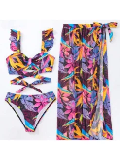 Print Split Hem Spaghetti Straps 3-piece Set Bikinis -Bambam Clothing Shop P 20240613101615074 781