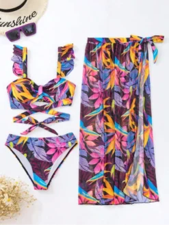 Print Split Hem Spaghetti Straps 3-piece Set Bikinis -Bambam Clothing Shop P 20240613101616376 495