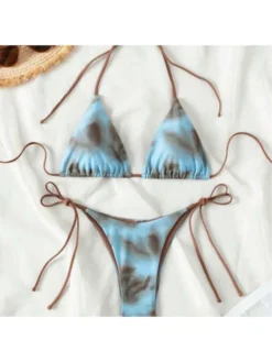 Print Lace-Up Backless Bikinis