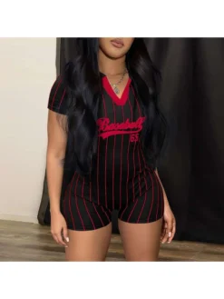 Letter Striped V Neck Bodycon Rompers