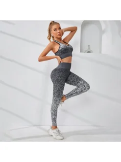 Gradient Color Leopard Crewneck Yoga Sets
