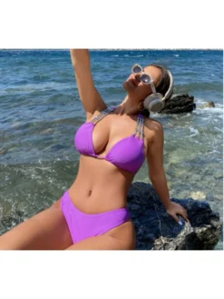 Rhinestone Chain Halter Backless Bikinis
