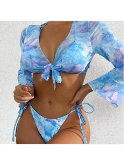 Print Lace-Up Long Sleeve 3-piece Set Bikinis