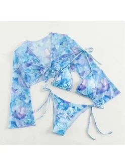 Print Lace-Up Long Sleeve 3-piece Set Bikinis -Bambam Clothing Shop P 20240618163650733 779