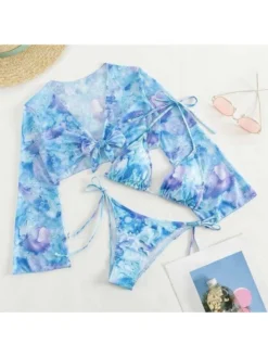 Print Lace-Up Long Sleeve 3-piece Set Bikinis -Bambam Clothing Shop P 20240618163651271 353