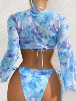 Print Lace-Up Long Sleeve 3-piece Set Bikinis -Bambam Clothing Shop P 20240618163653056 163