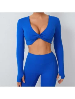 Twist Deep V Neck Long Sleeve Cropped Yoga Top