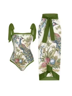 Peacock Print Tie-wrap Bodysuit And Skirt Bikinis