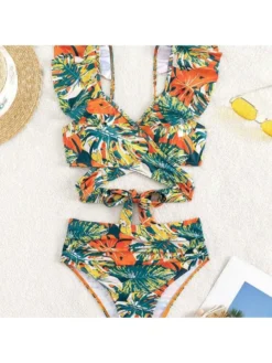 Print Tie-wrap V Neck Ruffle Bikinis -Bambam Clothing Shop P 20240624172012018 648