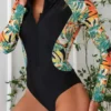 Patchwork Long Sleeve Fitted One-Pieces