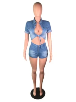 Casual Denim Front Tied 2 Piece Short Set